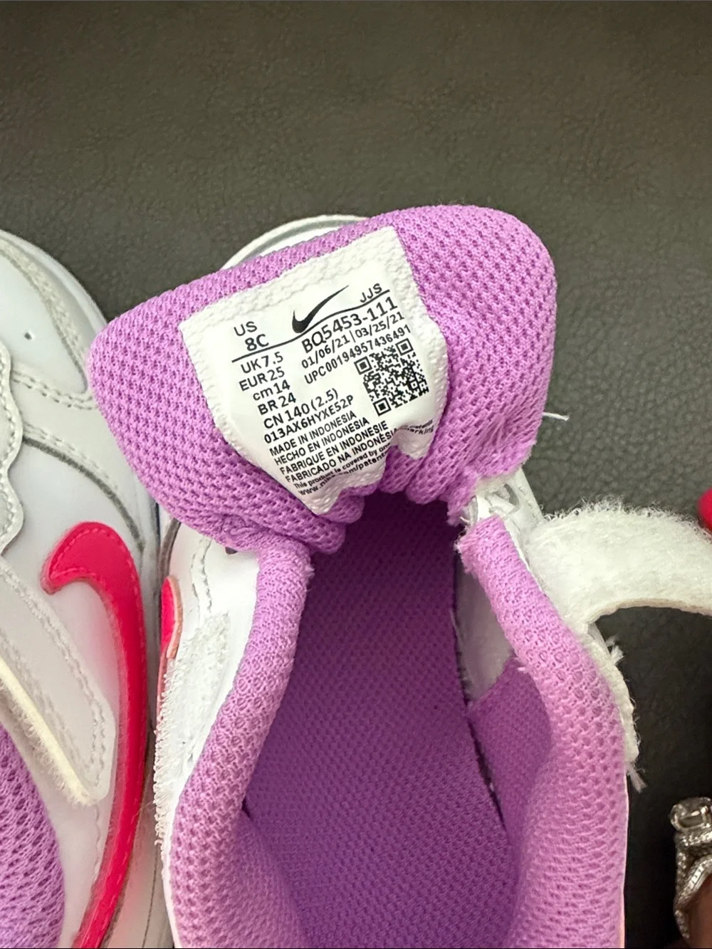 Nike Kids White Sneakers with Pink & Purple Accents